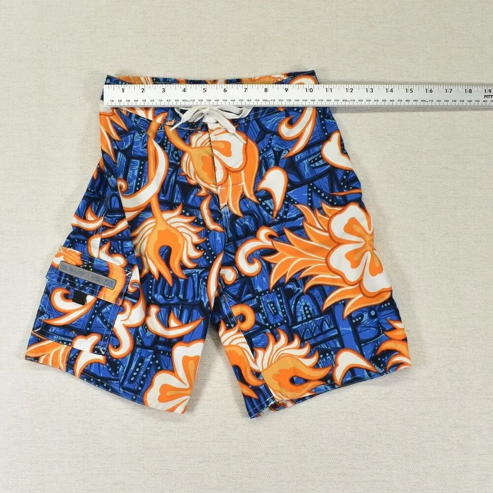 Quiksilver Boys M 6/7 Boardshorts Blue Neon Orange Hawaiian Tribal Surf Shorts